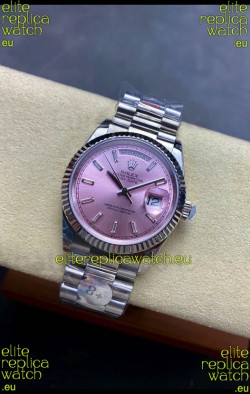 Rolex Day Date Super Clone Stainless Steel Pink Sunburst Dial Crystal Numerals Watch 36MM - 1:1 Mirror Quality
