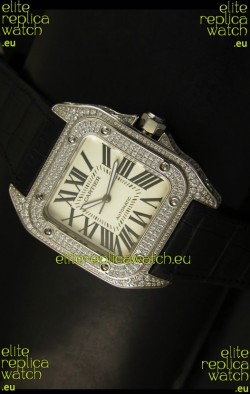 Cartier Santos 100 1:1 Mirror Replica Steel Diamonds Watch Mens Size 42MM