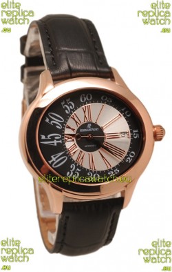 Audemars Piguet Millenary Hour and Minute Swiss Replica Rose Gold Watch in Black Strap