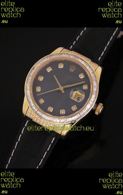 Rolex DateJust Swiss Mens Replica Yellow Gold Watch in Black Mother of Pearl Dial